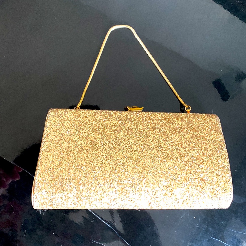 Sparkle Glitter Sequin Gold Evening Clutch Chain Small Vintage